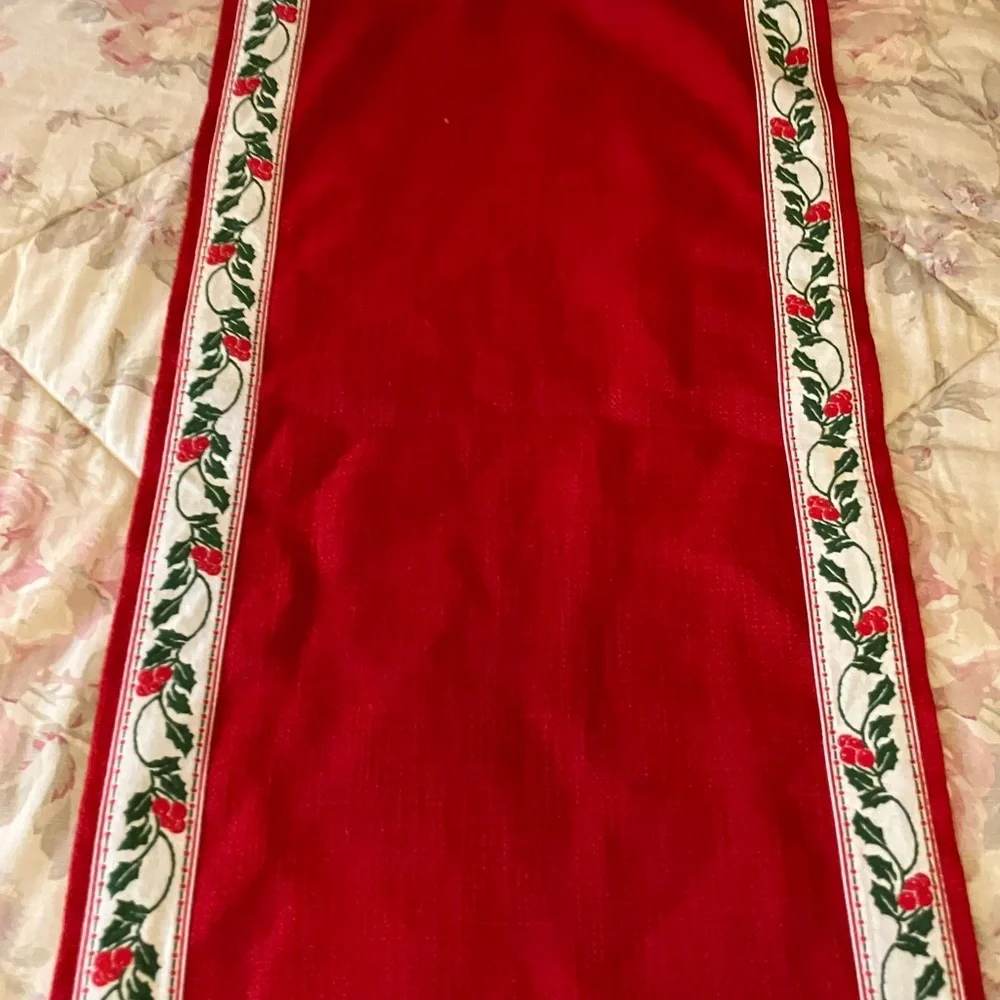 Vintage handmade holiday table runner 52” long holly and burlap
